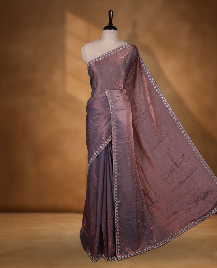 Pink and gray double shade colour chiffon designer saree, featuring white stone all over on body, heavy stone patttern on border and  pallu, Paired with matching blouse.