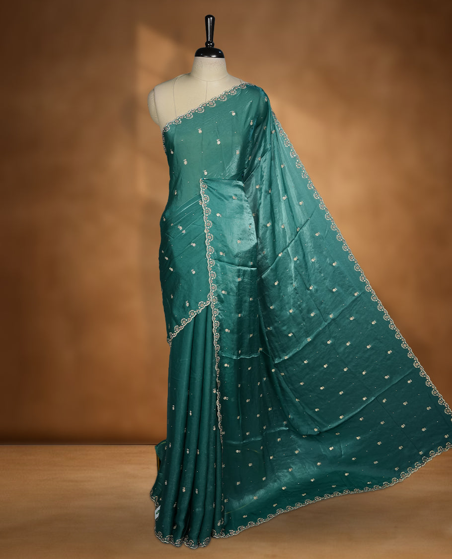 Mint Colour Chiffon Designer Saree featuring Delicate White Stone Work All Over the Body, with Stone Detailing on the Border and Pallu, paired with a Matching Blouse.