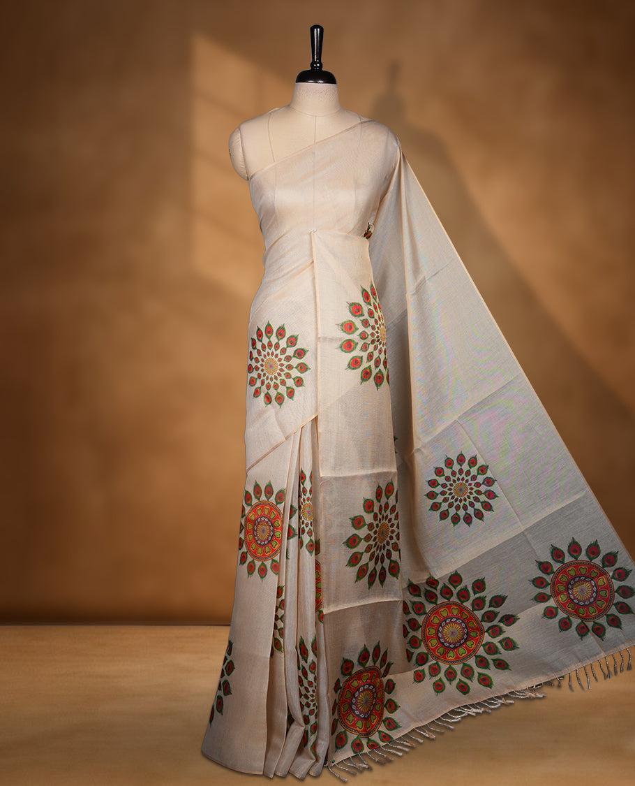 Kerala Tissue saree with peacock feather Prints and without border with Matching Blouse