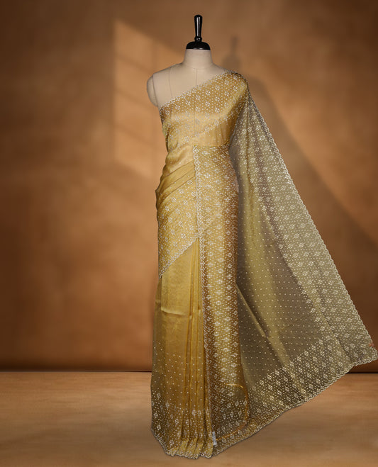 Gold Colour Shimmer Designer Saree featuring Delicate gold Stone Scattered Work on the Body, enhanced with Intricate Stone Detailing on the Border and Pallu, paired with a Matching Blouse.
