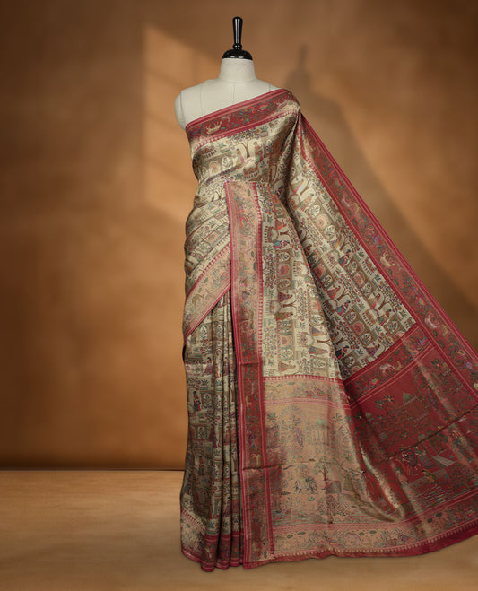 Beige colour Pashmina silk saree intricately woven with Mughal inspired garden scenes and figurative motifs across the body, framed by a rich maroon storytelling border and grand pallu, paired with a coordinated maroon woven jaal blouse piece