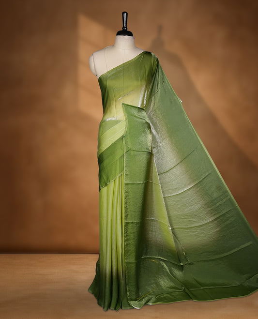 Green Colour Soft Shine Fendy Chiffon Saree, with plain body with contrast border, without blouse.