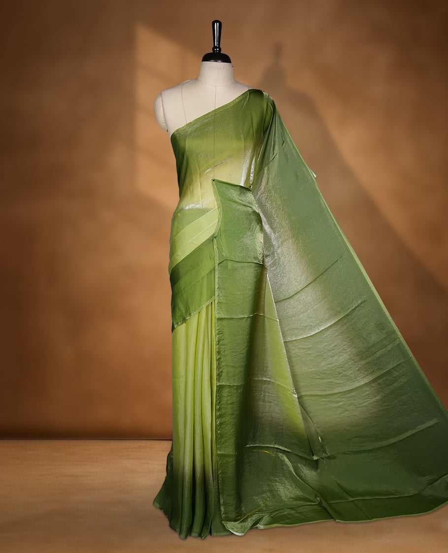 Green Colour Soft Shine Fendy Chiffon Saree, with plain body with contrast border, without blouse.