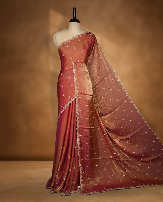 Brown and Magenta Double Shade Colour Chiffon Designer Saree featuring Delicate White Stone Work All Over the Body, with Stone Detailing on the Border and Pallu, paired with a Matching Blouse.