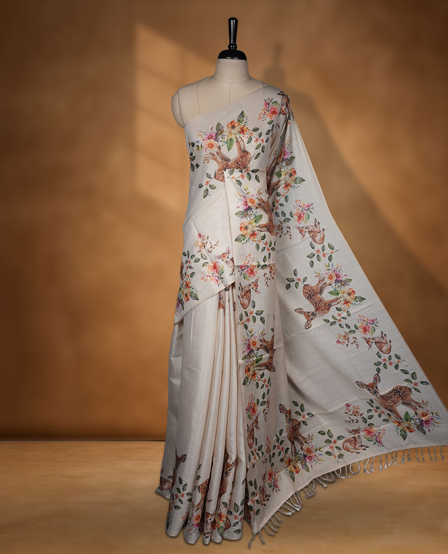 Kerala Tissue saree with floral & deer Prints and without border with Matching Blouse