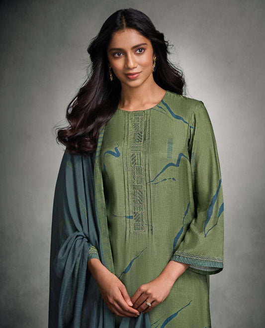 Muted Sage green colour suit material with pakiza silk digital print top with embroidery worked sleeve, paired with matching satin bottom and contrast colour pakiza light weight print with embroidery lace dupatta.
