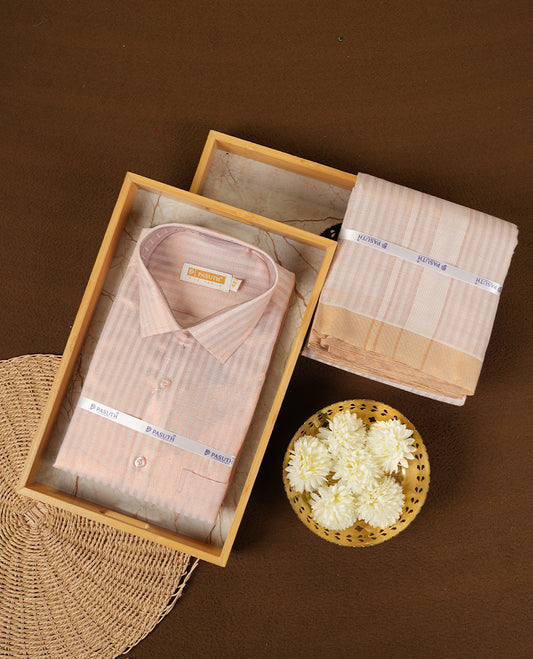 Copper color stripe shirt & dhoti set by PASUTHI with rich zari weave and elegant shin, Ideal for weddings, functions & festives.