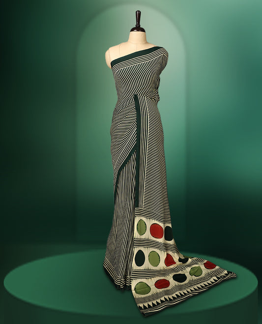 Deep green colour semi modal silk saree featuring elegant cream stripes across the body, complemented by a sleek self colour plain border, and paired with a matching blouse
