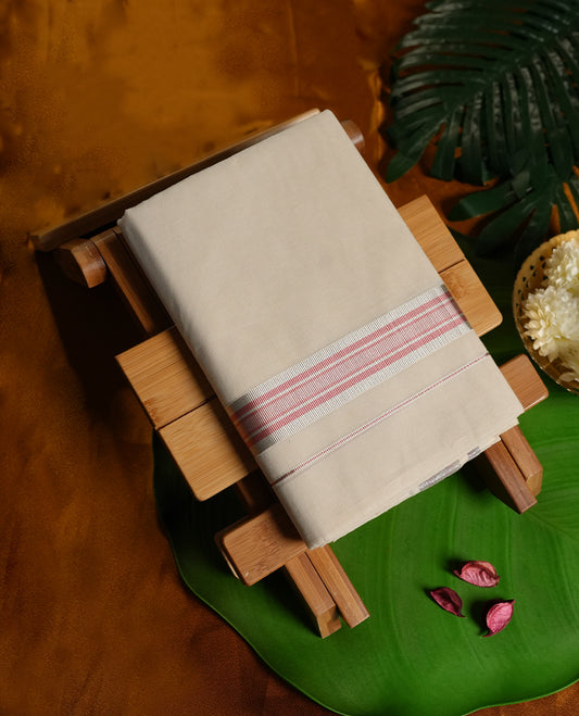 Off white colour cotton dhoti with elegant red and silver striped border. Soft, breathable, and perfect for traditional occasions like weddings, pujas, and festivals. Simple, stylish, and comfortable.