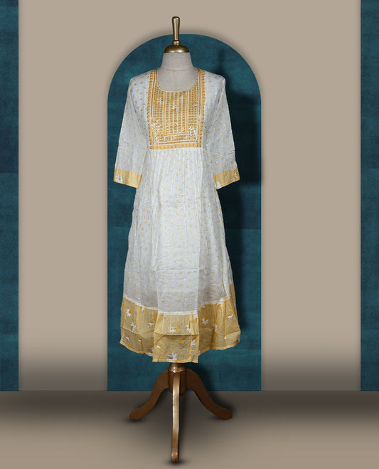 White and soft yellow kurti featuring delicate floral embroidery, a square neckline, 3/4 sleeves, and a flared hem & Perfect for casual outings or festive wear with its breezy, stylish look.
