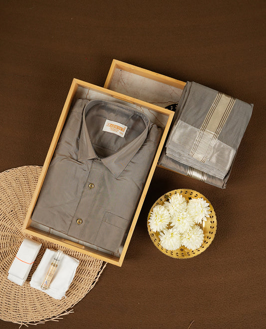 Chocolate colour Aswin’s wedding set featuring a refined silk shirt and matching dhoti with gold  zari detailing, crafted for timeless elegance and perfect for traditional weddings and festive occasions.