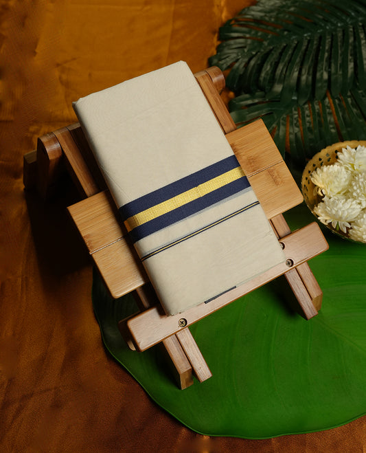 Cream Colour Pure Cotton double Dhoti with Dark blue and gold Colour Border for Men
