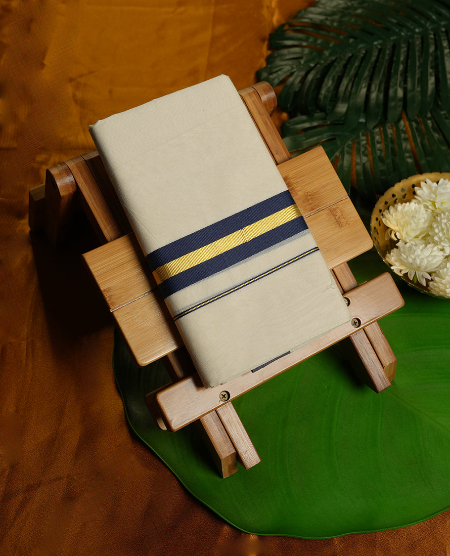 Cream Colour Pure Cotton double Dhoti with Dark blue and gold Colour Border for Men