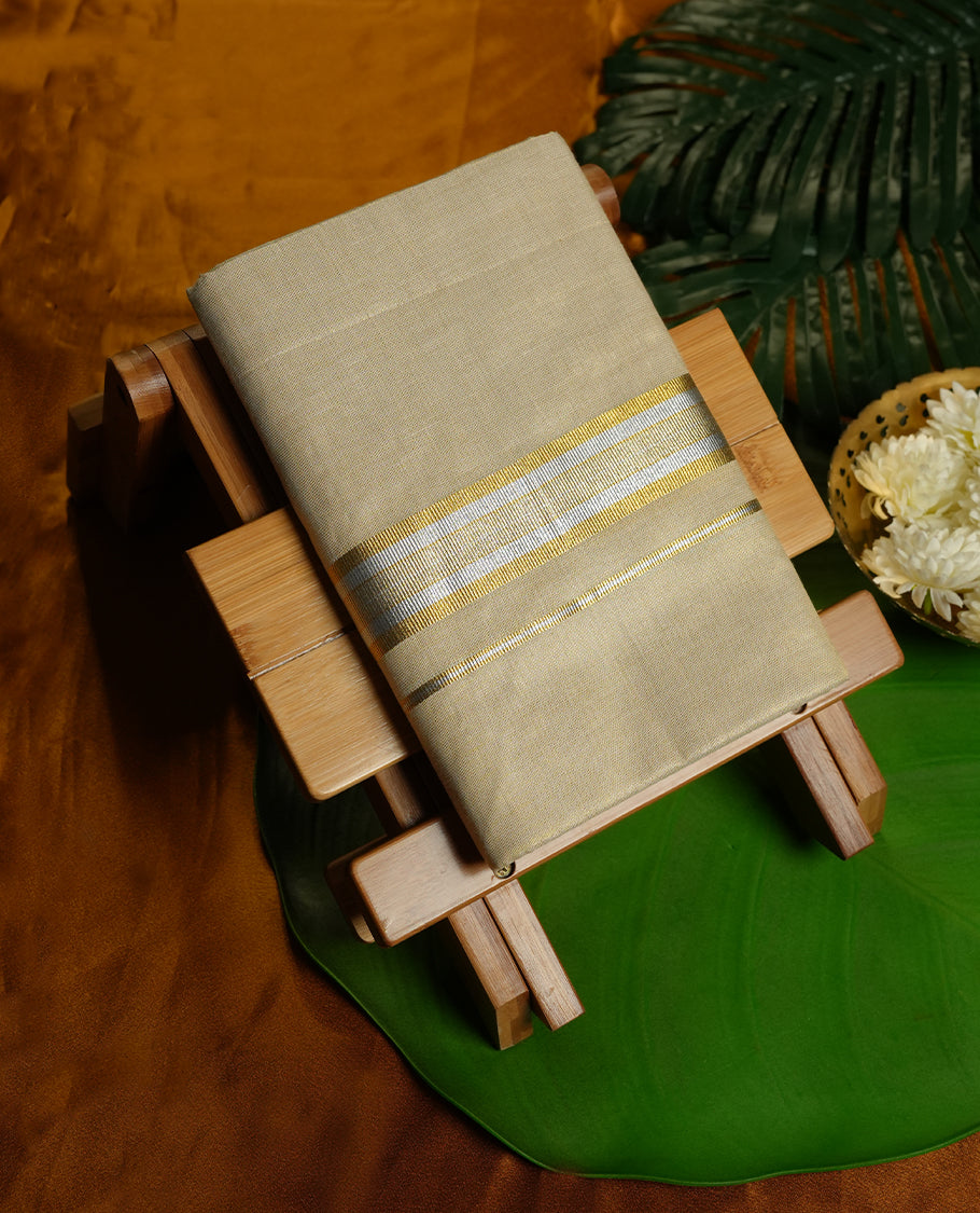 Gold Colour Pure Cotton double Dhoti with gold and silver Colour Border for Men