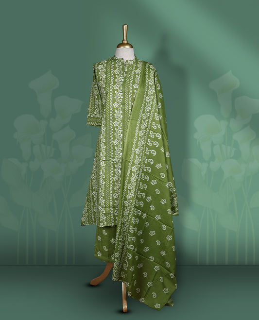 Olive colour churidar set featuring collar neckline, sleeves, and white floral printed across the body, Paired with a matching floral printed pattern dupatta