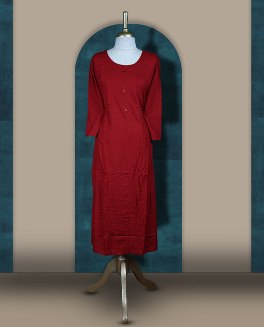 Maroon colour cotton kurthi with front buttons and 3/4th sleeves & Features a round neck and minimalist design for a classy everyday look, Ideal for work or casual wear with maximum comfort.