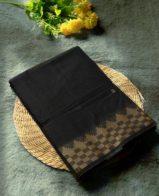 Black colour Narayanapattu cotton saree with floral motifs in the body & pallu featuring traditional temple and checkered motifs in beige colour threadwork, and a matching zari border & this saree comes without a blouse piece.