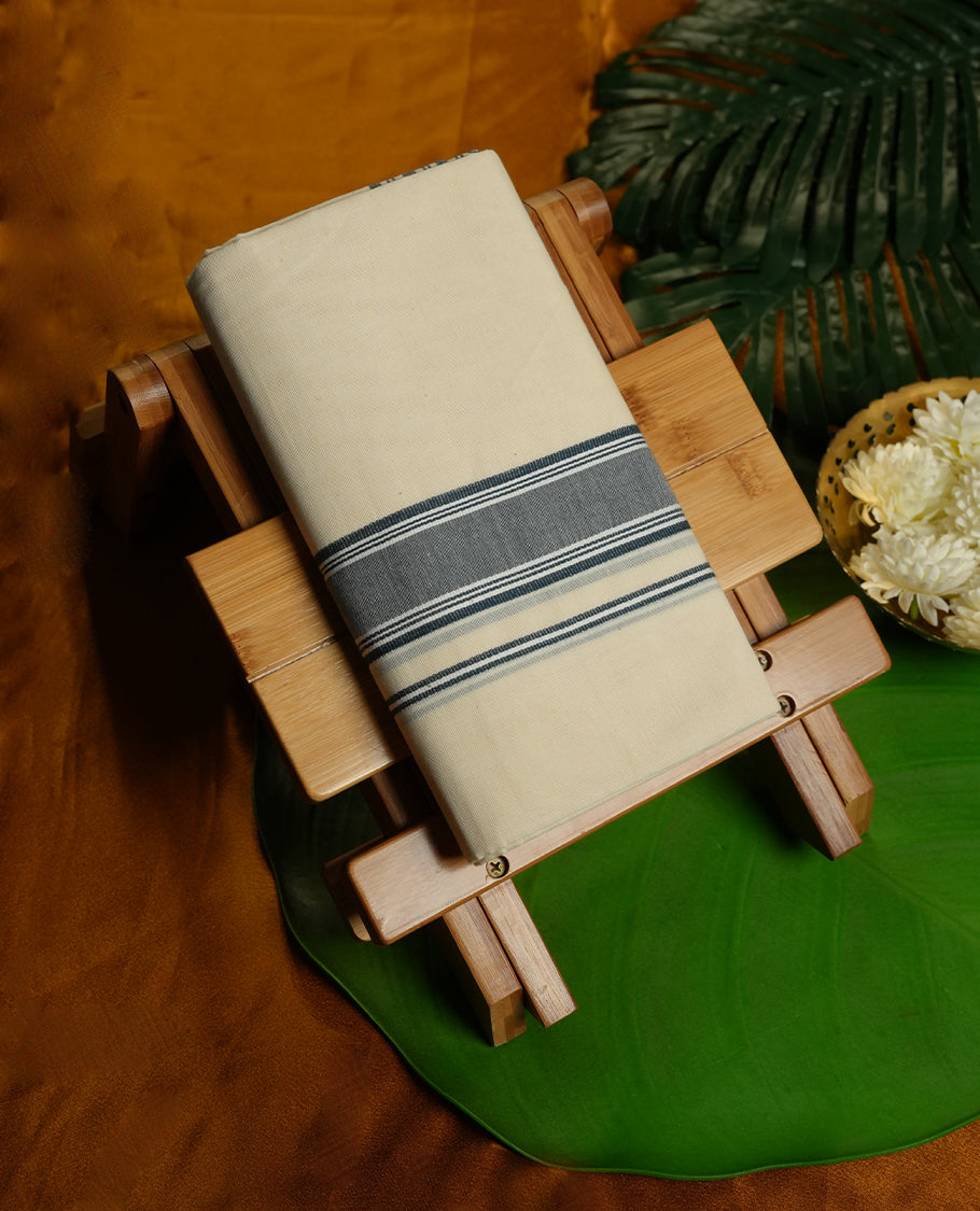 Cream Colour MCR Pure Cotton double Dhoti with dark Teal Colour Border for Men