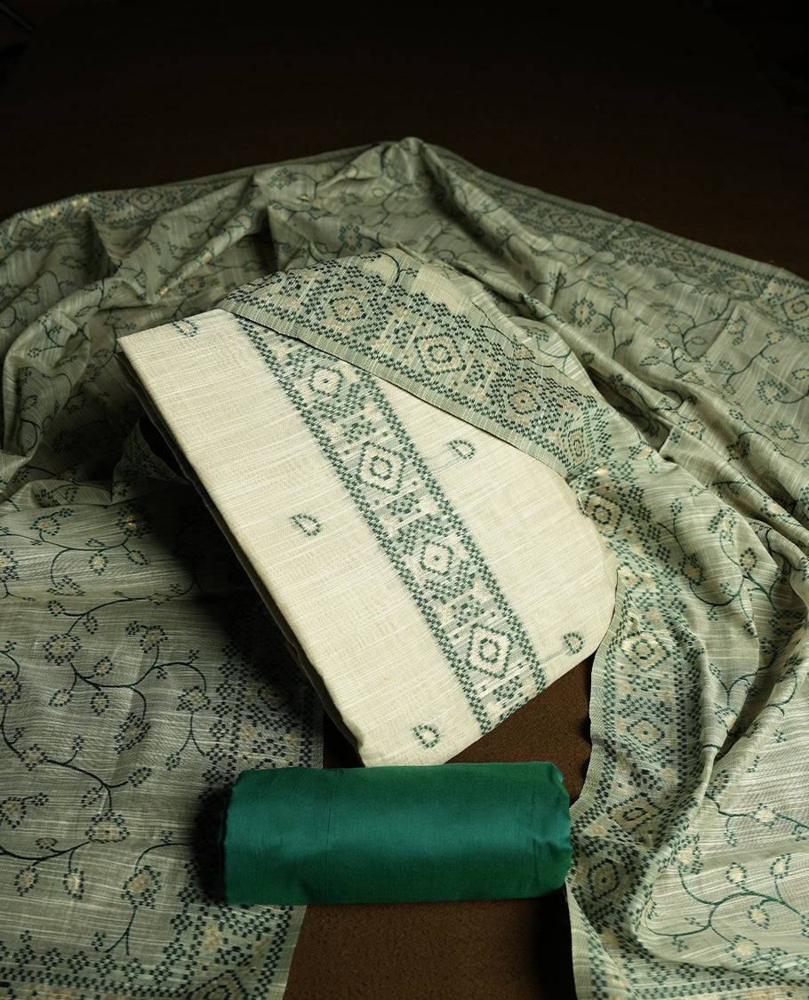 Cream colour churidhar material featuring Green colour thread embroidery on the front panel, floral thread pattern dupatta with elegant border, and matching plain bottom.