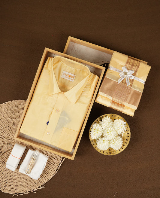 Champ colour Aswin’s wedding set featuring a refined silk shirt and matching dhoti with gold  zari detailing, crafted for timeless elegance and perfect for traditional weddings and festive occasions.