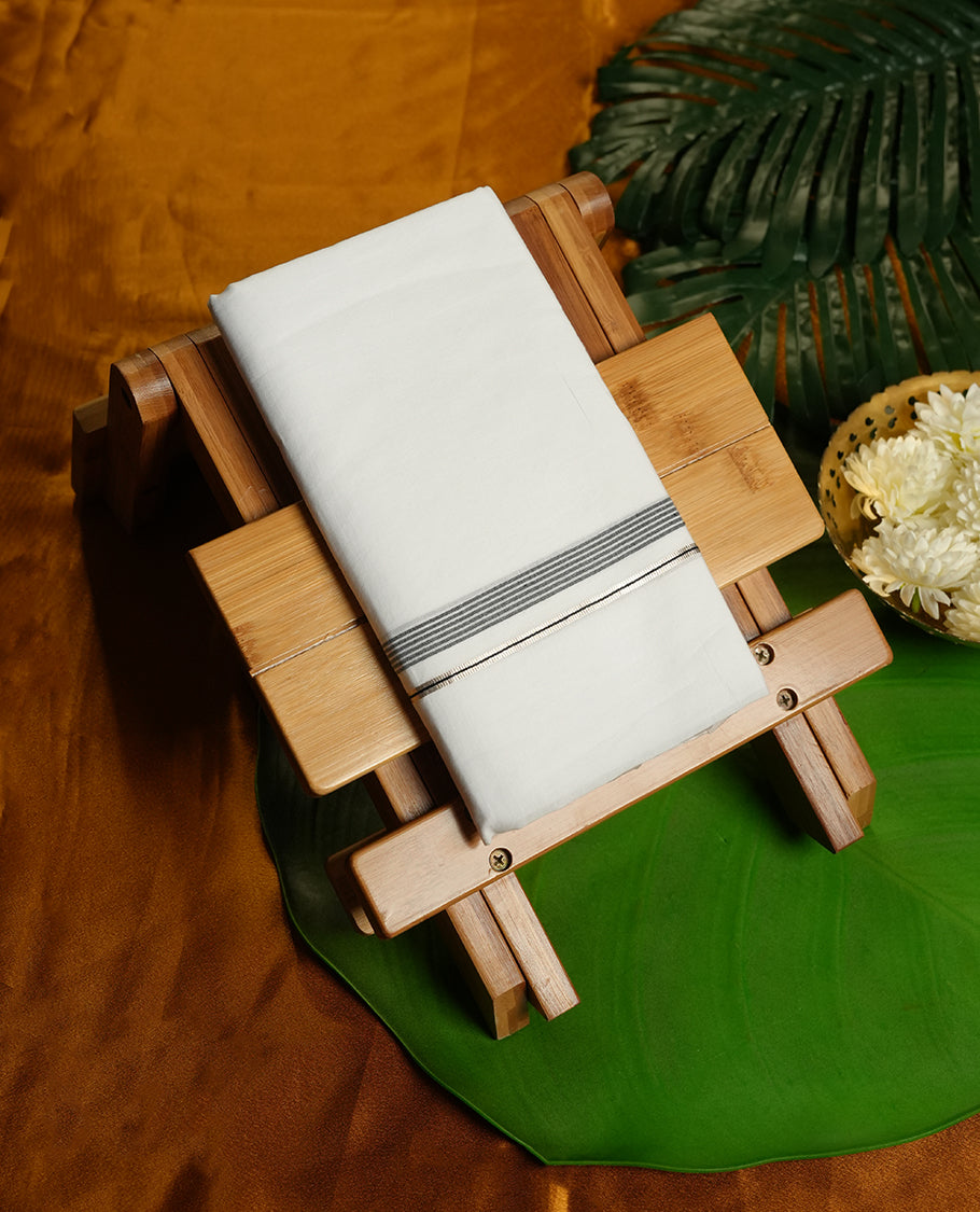 White Colour MINISTER WHITE Pure Cotton double Dhoti with Black and silver Colour Border for Men