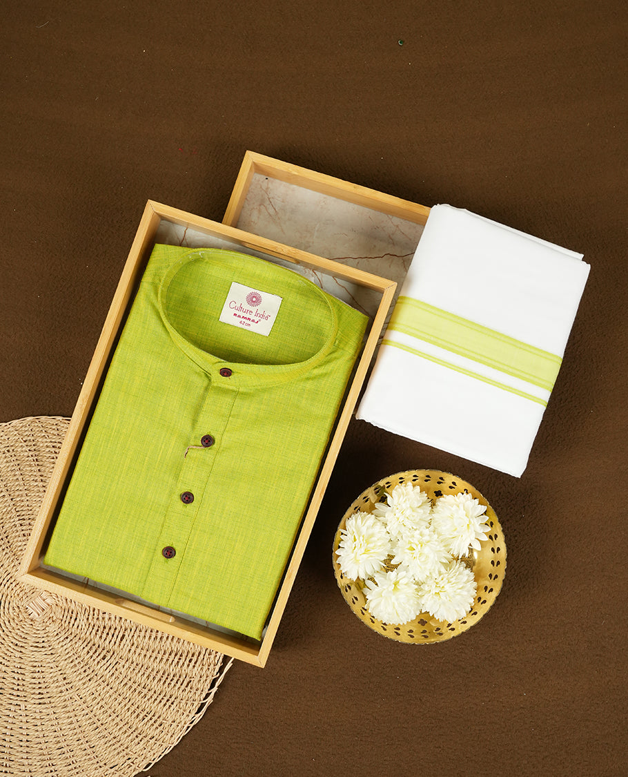 RAMRAJ Fuego Green Colour shirt paired with a matching dhoti, elegantly finished with a fuego green zari border.