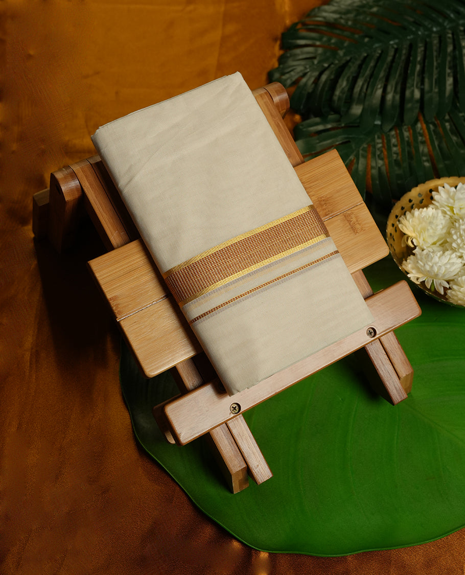 Cream Colour Pure Cotton double Dhoti with Brown and gold Colour Border for Men