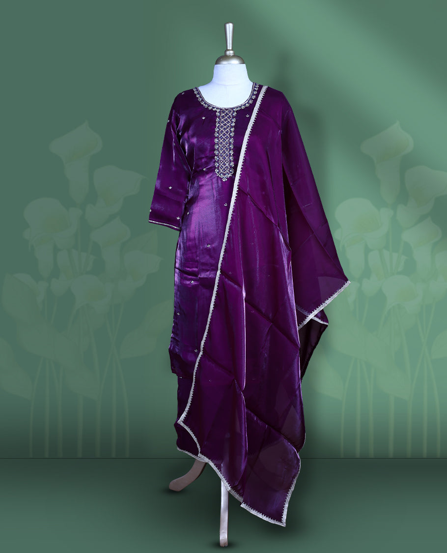 Violet colour churidar set featuring elegant white thread embroidery on the neckline, sleeves, and scattered motifs across the body, Paired with a matching embroidered dupatta
