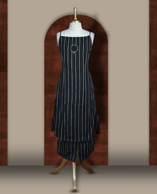 Black colour coord set featuring a sleeveless kurta with thin straps, highlighted by vertical white stripes all over the body,Elegant mirror on the neckline, paired with matching bottoms.
