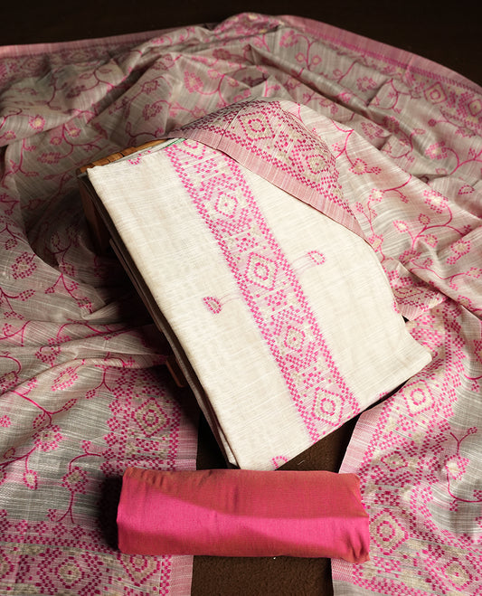 Cream colour churidhar material featuring Pink colour thread embroidery on the front panel, floral thread pattern dupatta with elegant border, and matching plain bottom.