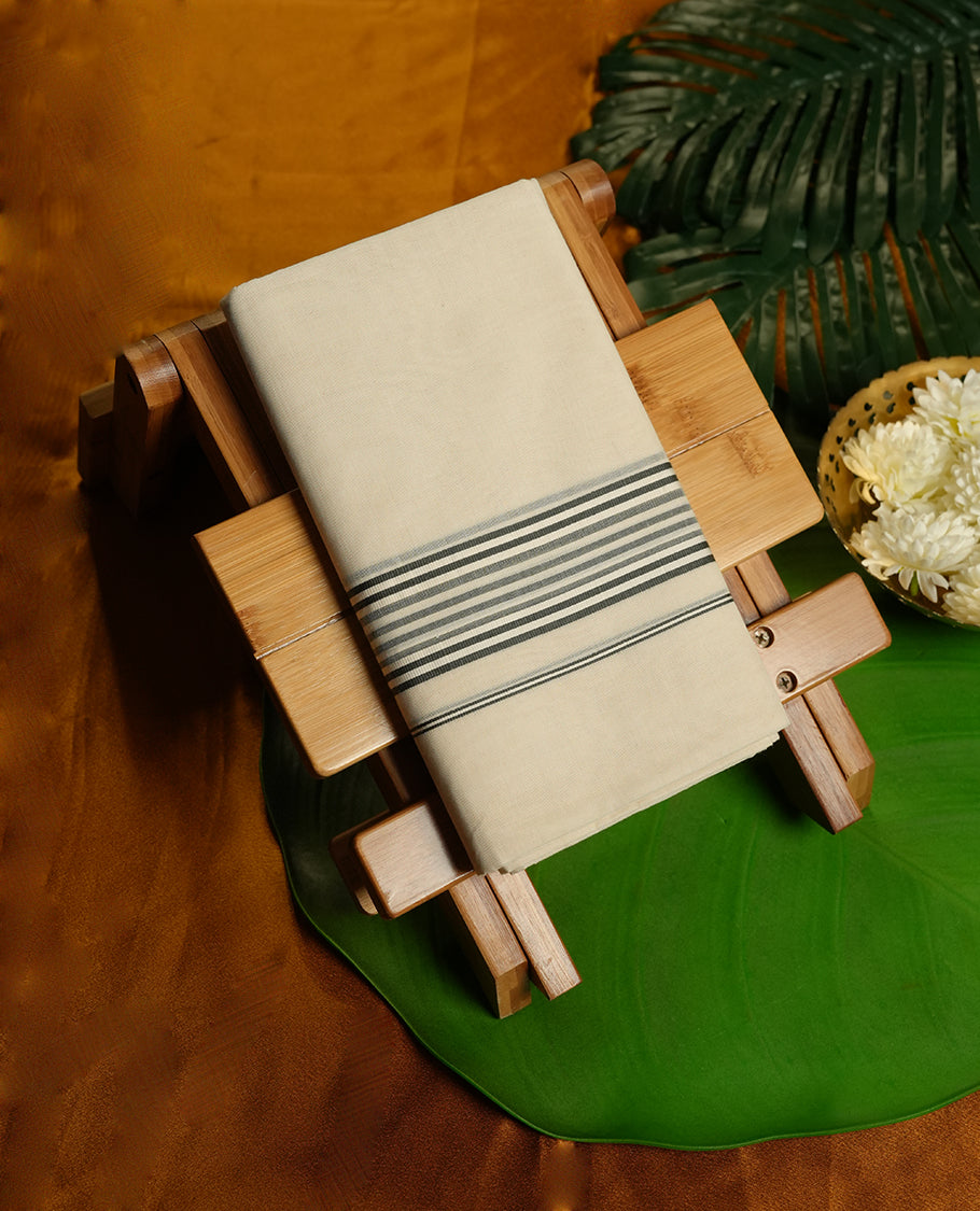 Cream Colour Pure Cotton double Dhoti with Black and White  stripped Colour Border for Men