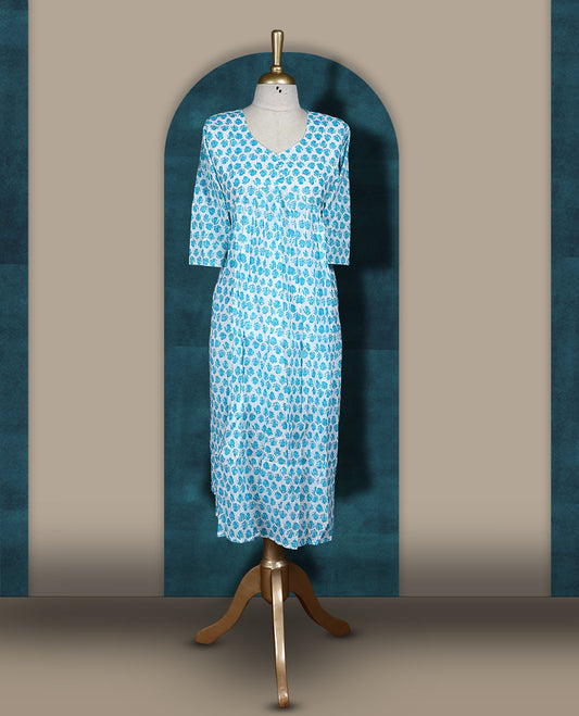 Off white colour kurthi with sky blue floral block print, round neckline, and 3/4th sleeves & Perfect for casual wear or work from home comfort, Style with leggings or wear solo for a chic look.