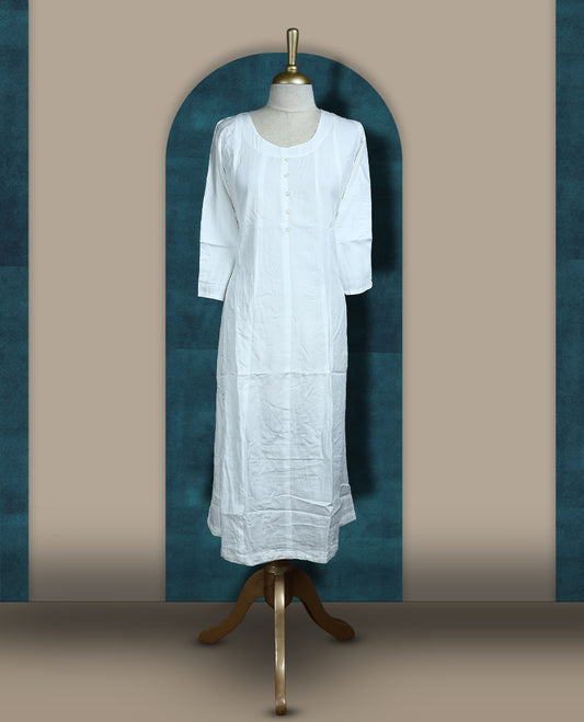 Off white colour cotton kurthi with front buttons, 3/4th sleeves, and a round neckline & Perfect for daily wear, office, or layering, Soft, breathable fabric ensures all-day comfort and ease.