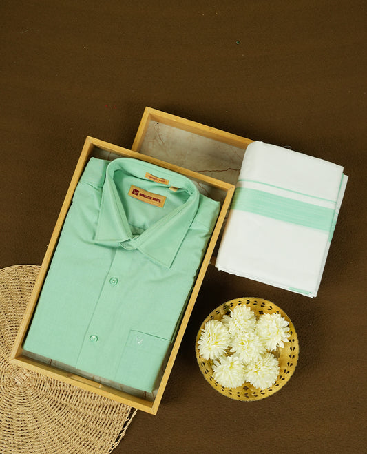 Mint Green Colour traditional men's shirt and dhoti set from Minister White with Liberty Cut collar.