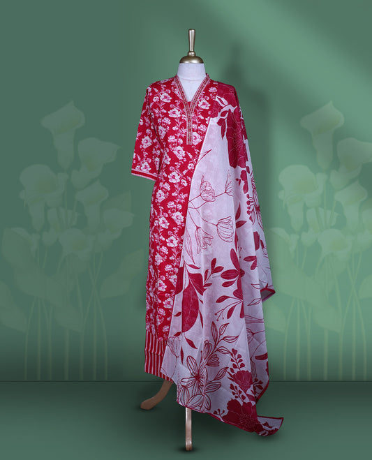Raspberry colour churidar set featuring V neckline, sleeves, and white colour floral pattern across the body, Paired with a matching colour dupatta