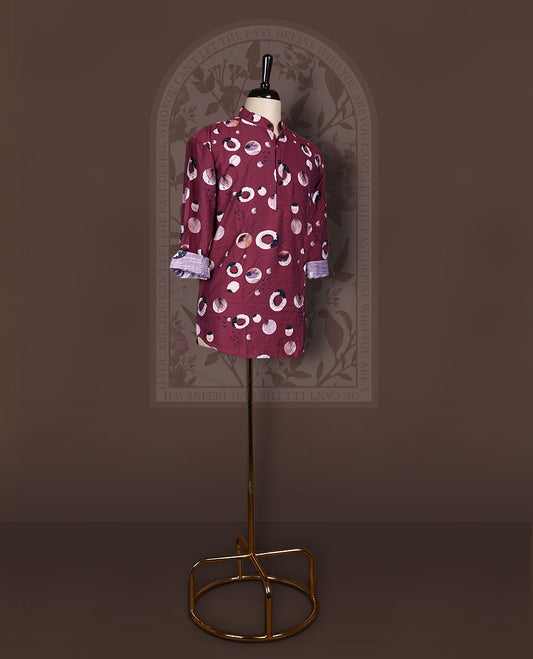 Dark onion colour short kurta in soft crush fabric featuring vibrant digital print and full sleeves, Lightweight and breathable, perfect for casual outings or adding a festive touch to your everyday look.