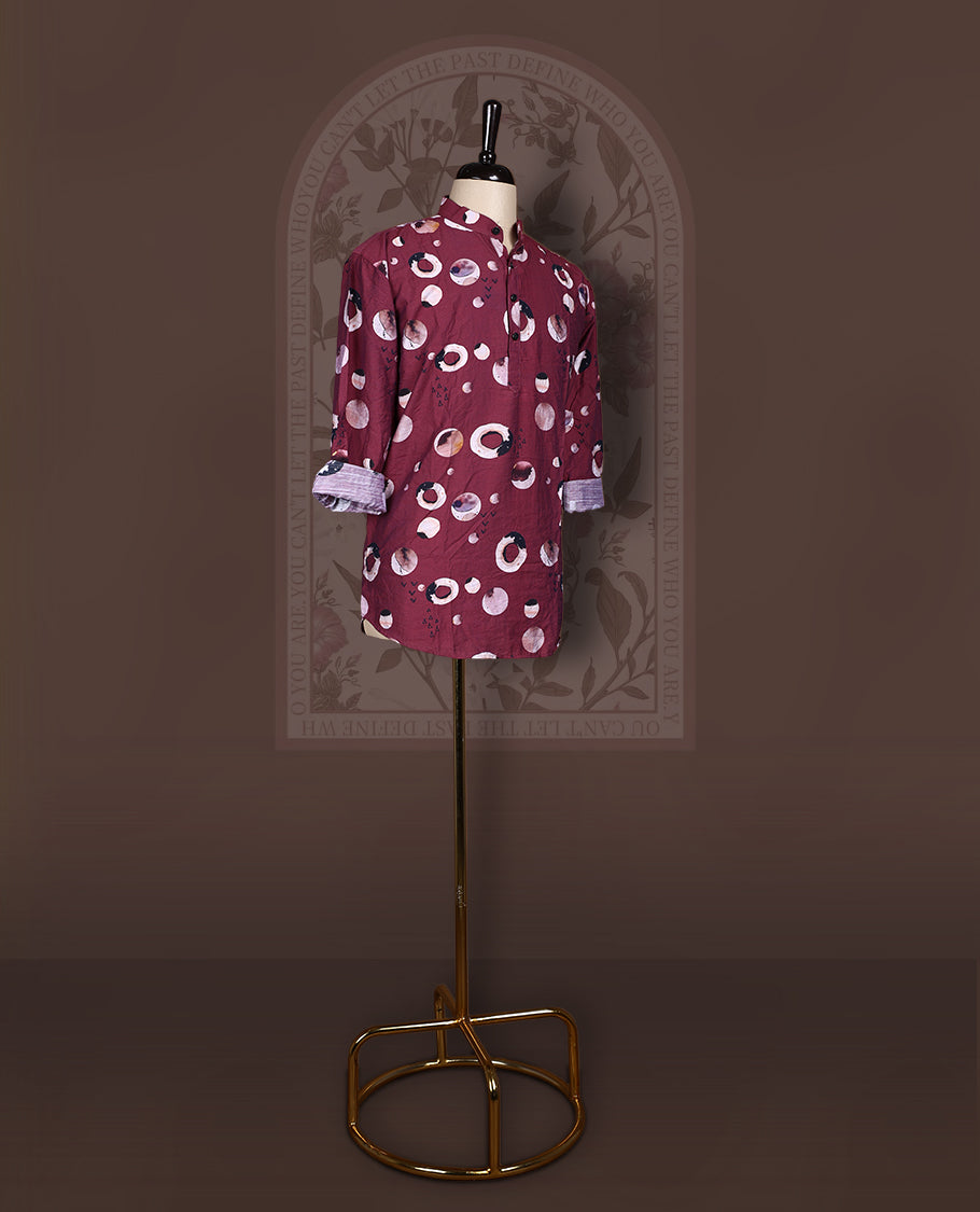 Dark onion colour short kurta in soft crush fabric featuring vibrant digital print and full sleeves, Lightweight and breathable, perfect for casual outings or adding a festive touch to your everyday look.