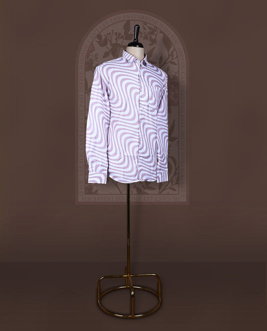 White colour cotton mix shirt adorned with pastel onion pink colour wavy geometric design, featuring a classic collar, long sleeves, and button down style for a chic and contemporary appeal.