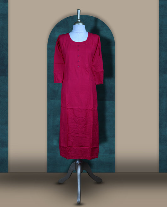 Deep Magenta colour cotton kurthi with front buttons, 3/4th sleeves, and a round neckline & Perfect for daily wear, office, or layering, Soft, breathable fabric ensures all day comfort and ease.