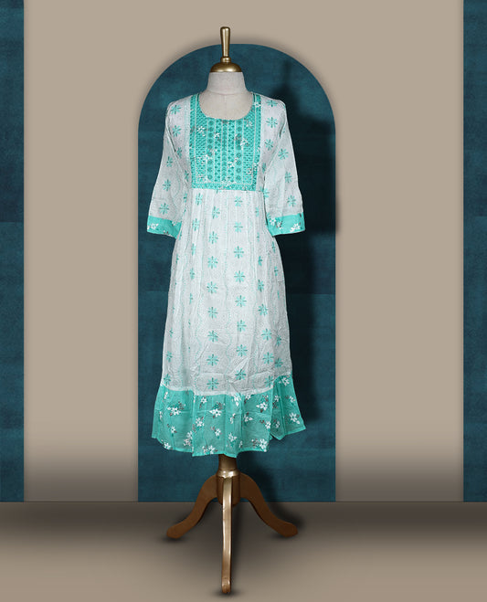 White and aqua green kurti featuring delicate floral embroidery, a square neckline, 3/4 sleeves, and a flared hem & Perfect for casual outings or festive wear with its breezy, stylish look.