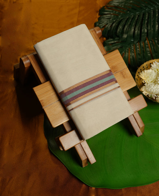 Cream Colour Pure Cotton double Dhoti with maroon, green and gold Colour Border for Men