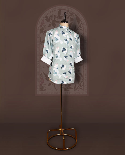 Pastel green colour short kurta in crush fabric with digital floral print, Features a mandarin collar and full sleeves, Lightweight, modern, and perfect for casual or semi-formal occasions.