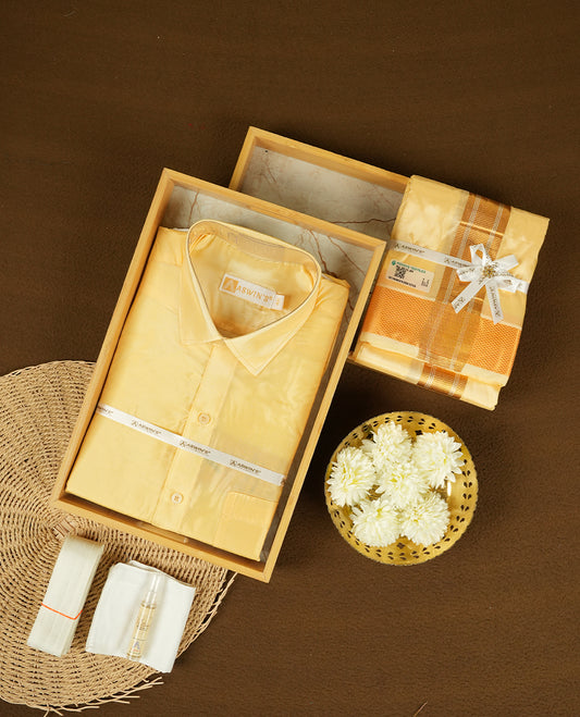 Champ colour Aswin’s wedding set featuring a refined silk shirt and matching dhoti with gold zari detailing, crafted for timeless elegance and perfect for traditional weddings and festive occasions.