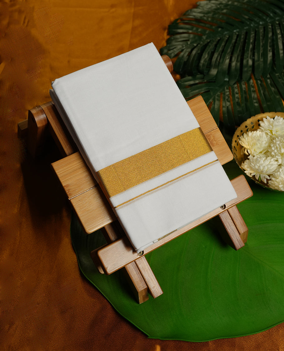 White Colour MCR Pure Cotton double Dhoti with gold Colour simple Border for Men