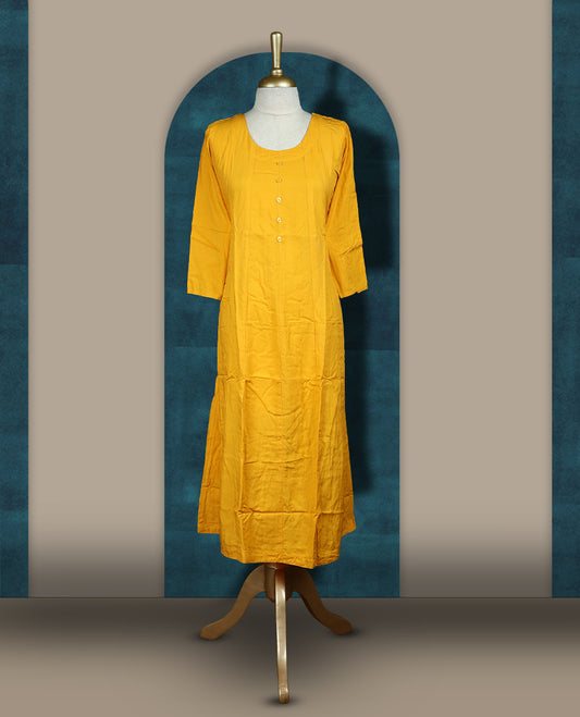 Gamboge yellow colour cotton kurthi with front buttons, 3/4th sleeves, and a round neckline & Perfect for daily wear, office, or layering, Soft, breathable fabric ensures all day comfort and ease.