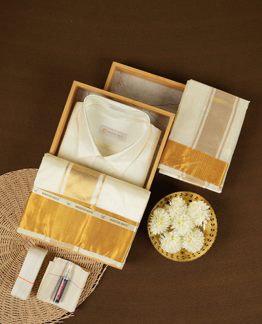 Cream Gold coloured silk wedding shirt, dhoti, and towel set from MINISTER WHITE, featuring a gold zari border.