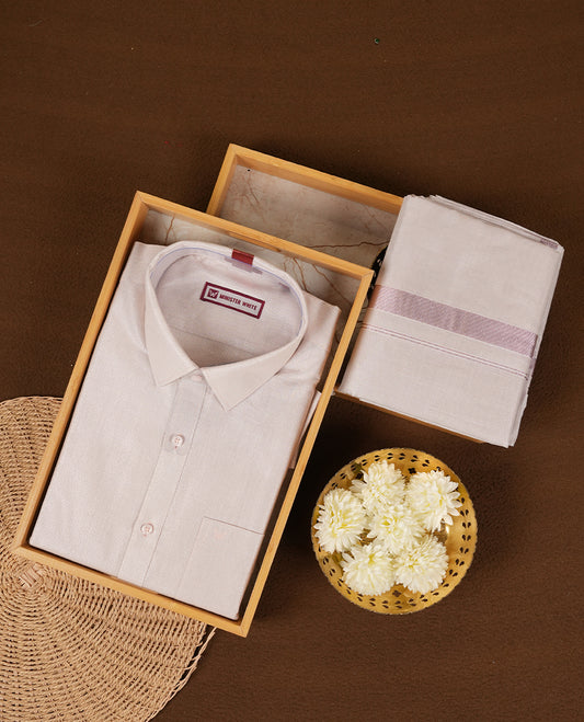 Light Rose colour Minister White traditional men's shirt paired with a matching dhoti with a rose gold border.