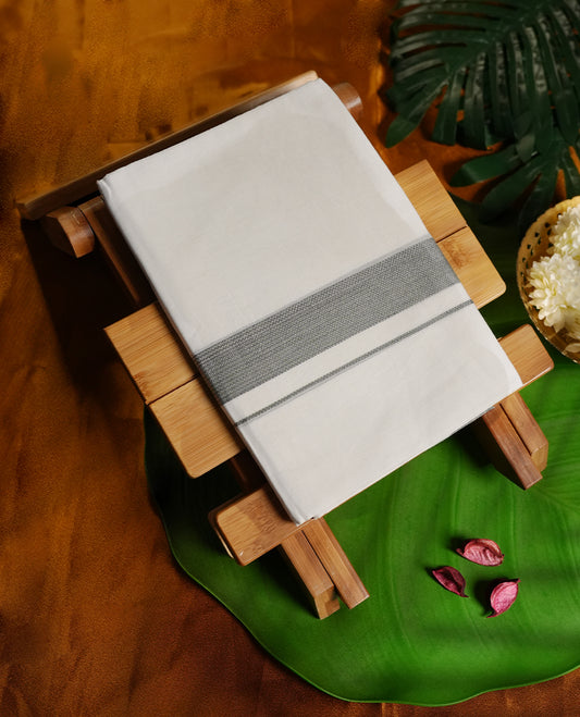 White colour cotton dhoti featuring a subtle grey border with fine stripe detailing, perfect for a refined traditional look & Ideal for rituals, cultural events, and festive occasions.