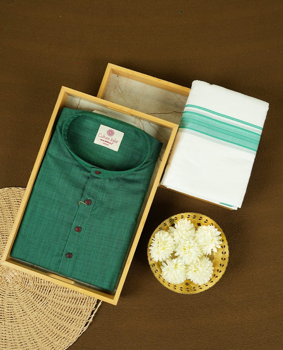 RAMRAJ British Green Colour shirt paired with a matching dhoti, elegantly finished with a green zari border.