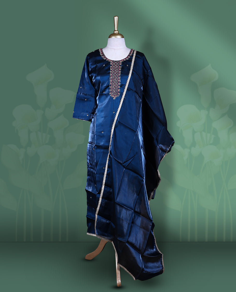 Blue colour churidar set featuring elegant gold thread embroidery & cut beats on the neckline, sleeves, and scattered motifs across the body, Paired with a matching embroidered dupatta